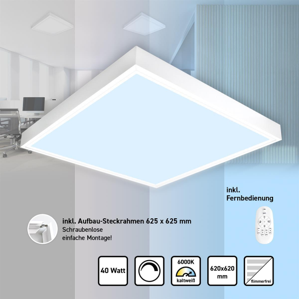 LED Panel 62x62 Tageslichtweiß 6000K 40W dimmbar Fernbedienung Steck-Aufbaurahmen PLe2.2