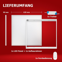 LED Panel 62x62 Tageslichtweiß 6000K 40W dimmbar Fernbedienung Steck-Aufbaurahmen PLe2.2