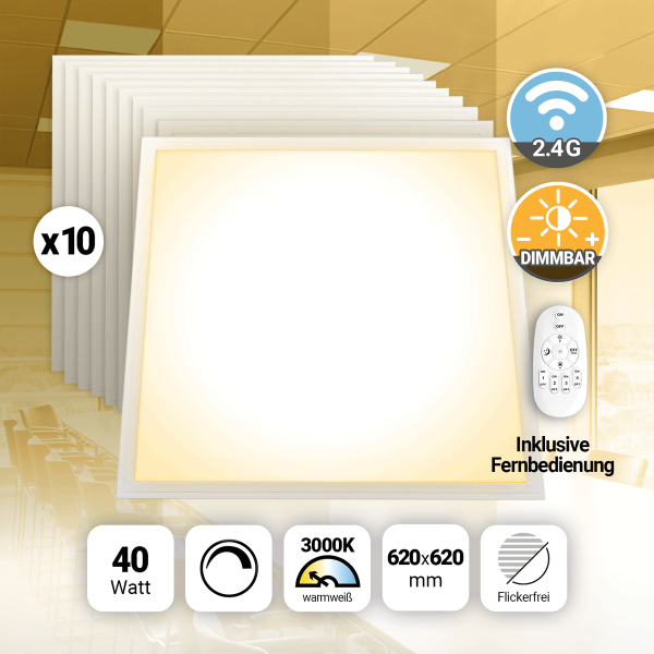 10x LED Panel 62x62 Warmweiß 3000K 40W dimmbar Fernbedienung PLe2.2