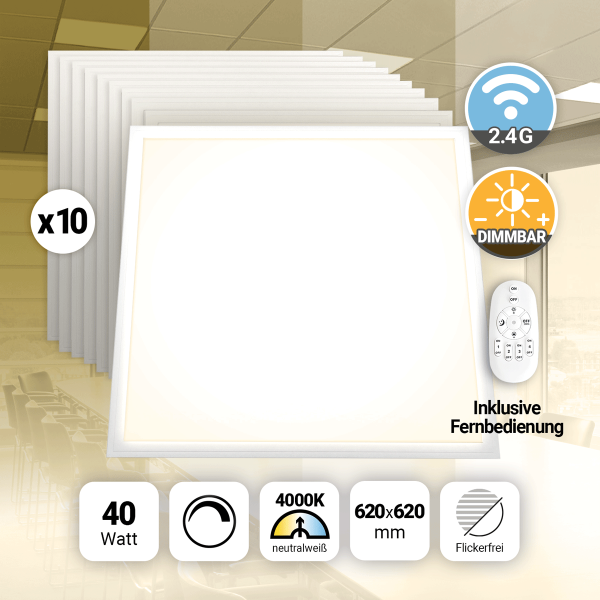 10x LED Panel 62x62 Neutralweiß 4000K 40W dimmbar Fernbedienung PLe2.2