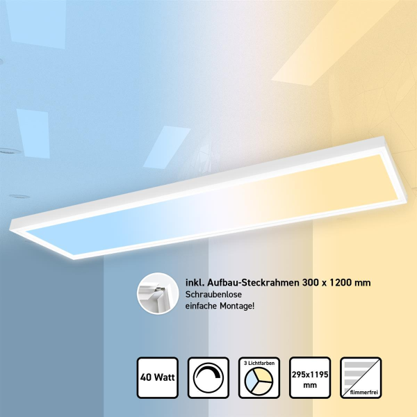 LED Panel 120x30 3CCT 3000K-4000K-6000K 40W dimmbar Triac Steck-Aufbaurahmen PLs3.0