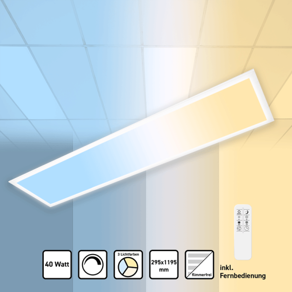 LED Panel Deckenlampe 120x30cm 3CCT 3000K-4000K-6000K 40W dimmbar Fernbedienung PLs3.0