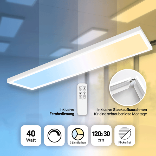 LED Panel 120x30 3CCT 3000K-4000K-6000K 40W dimmbar 2.4G Fernbedienung Steck-Aufbaurahmen PLs3.0