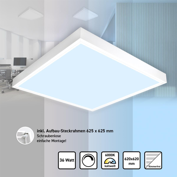 LED Panel 62x62 Tageslichtweiß 6000K 36W dimmbar 0-10V Steck-Aufbaurahmen PLs3.0