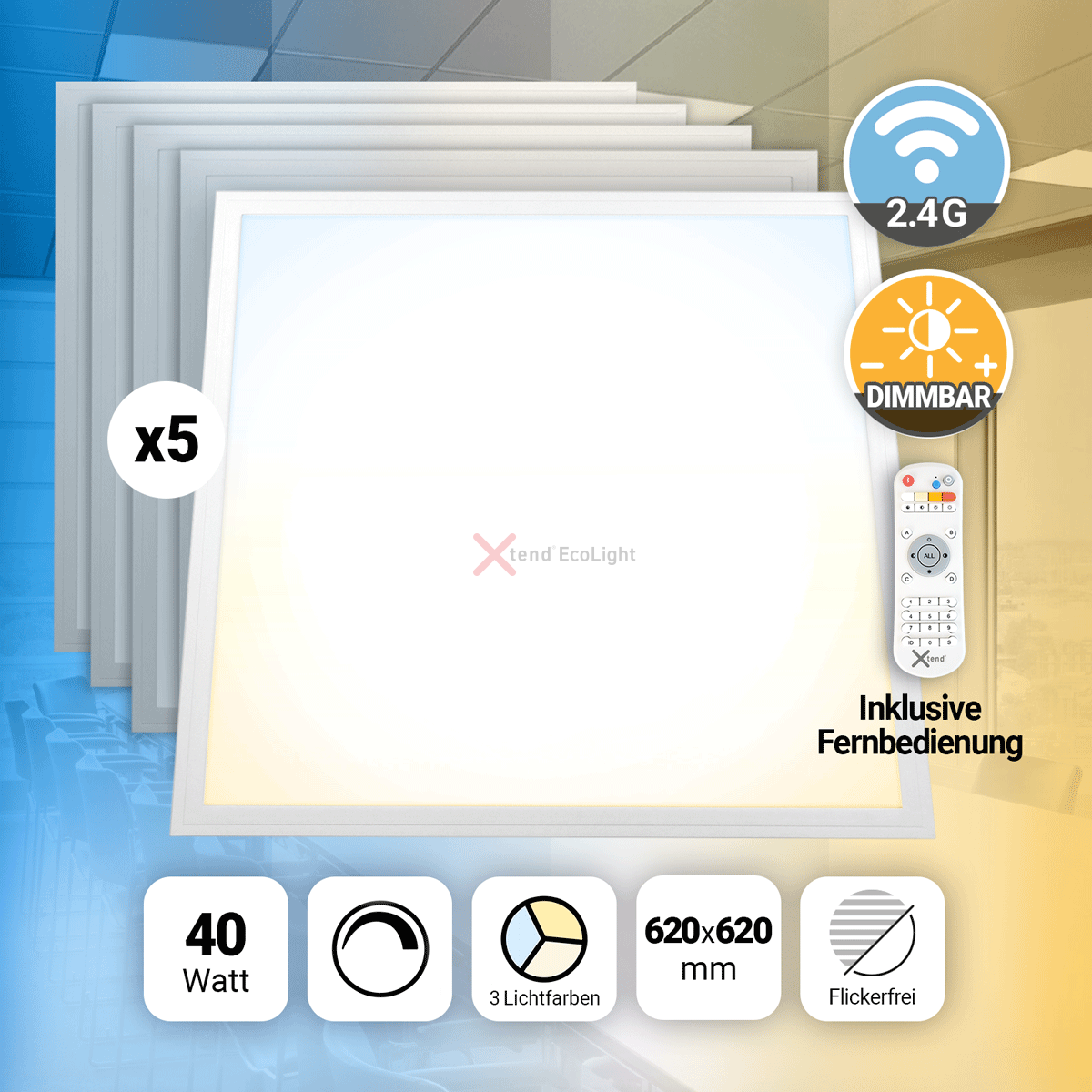 5x LED Panel 62x62cm 3CCT dimmbar Lichtfarbe umschaltbar 2,4G Fernbed ...