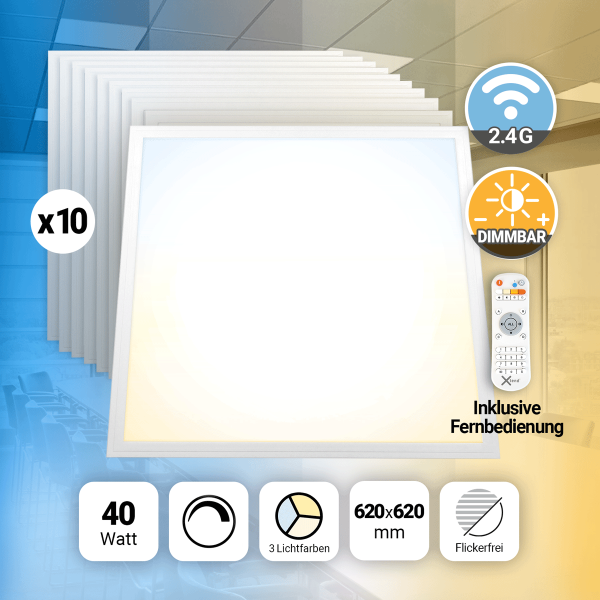10x LED Panel 62x62 dimmbar 3CCT 3000K-4000K-6000K 40W Fernbedienung Tuya PLs3.0