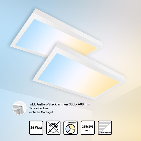 2x LED Panel 30 x 60 cm 3CCT 3000K-4000K-6000K 24W flimmerfrei Steck-Aufbaurahmen PLs3.0