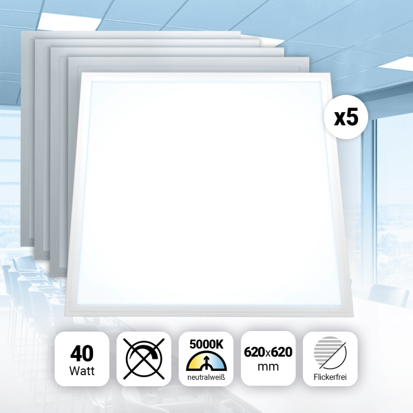 5x LED Panel 62x62 Neutralweiß 5000K 40W 3400lm Slim Design Alu PLe2.2
