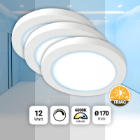 3x LED Aufbaupanel Tageslichtweiß 6000K 12W dimmbar Triac rund 165mm PLm4.0