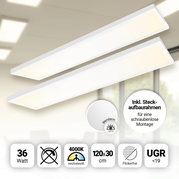 2x LED Panel 120x30 Neutralweiß 4000K 36W UGR19 Aufbaurahmen PLs3.0