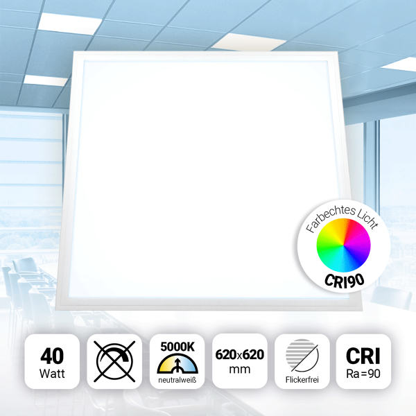LED Panel 62x62cm Neutralweiß 5000K 40W CRI90 Hohe Farbwiedergabe Slim Alu PLs3.0