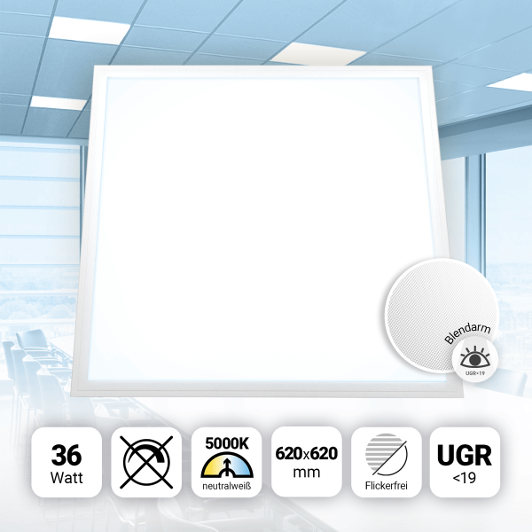 LED Panel 62x62 Neutralweiß 5000K 36W UGR<19 blendarm Slim Alu PLs3.0