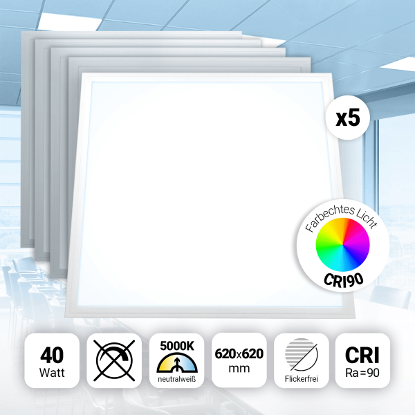 5x LED Panel 62x62 Neutralweiß 5000K 40W CRI90 Hohe Farbwiedergabe Pls3.0
