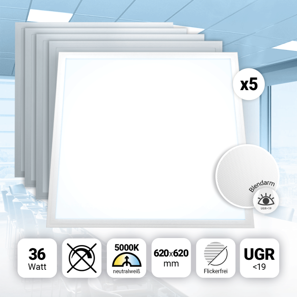 5x LED Panel 62x62 Neutralweiß 5000K 36W UGR<19 blendarm Slim Alu PLs3.0
