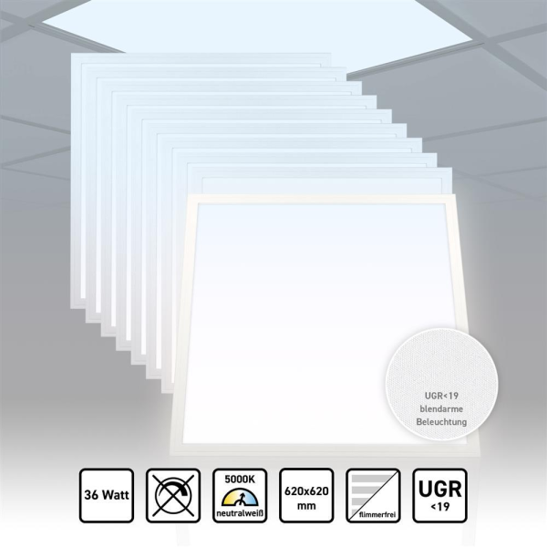10x LED Panel 62x62 Neutralweiß 5000K 36W UGR<19 blendarm Slim Alu PLs3.0