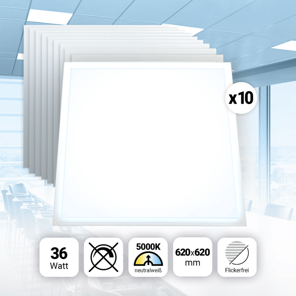 10x LED Panel 62x62 Neutralweiß 5000K 36W UGR<19 blendarm Slim Alu PLs3.0