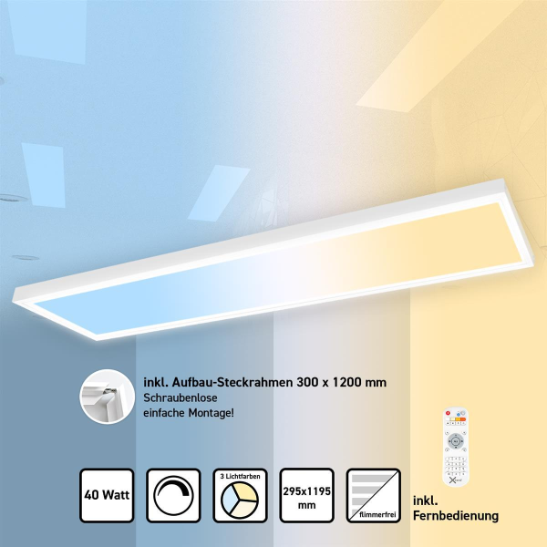 LED Panel 120x30 3CCT 3000K-4000K-6000K 40W dimmbar Fernbedienung Steck-Aufbaurahmen PLs3.0