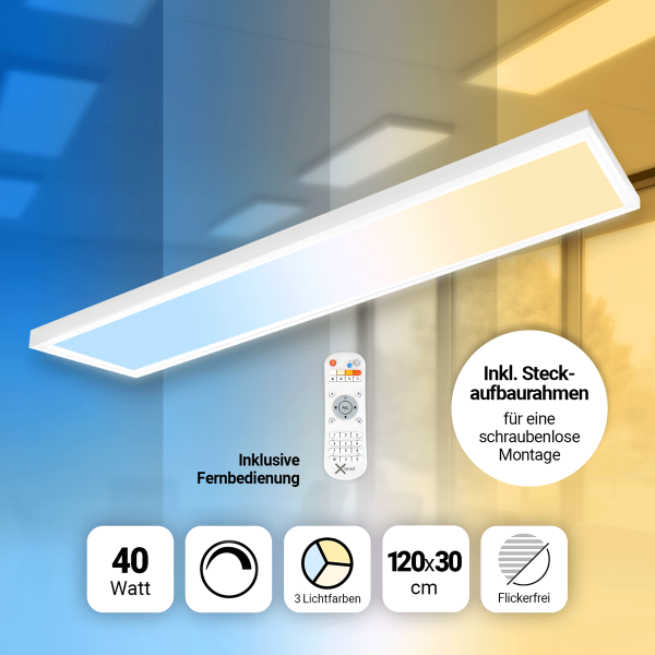LED Panel 120x30 3CCT 3000K-4000K-6000K 40W dimmbar Fernbedienung Tuya Steck-Aufbaurahmen PLs3.0
