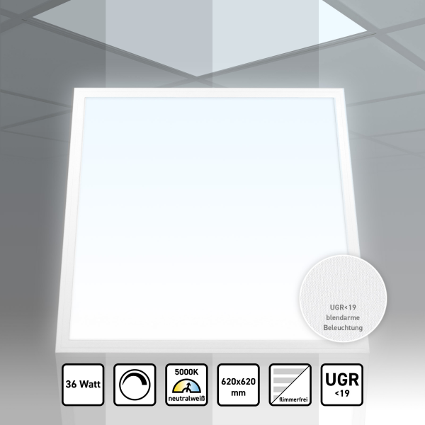 LED Panel 62x62 Neutralweiß 5000K 36W dimmbar 0-10V UGR<19 PLs3.0