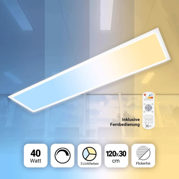 LED Panel 120x30 cm 3CCT 3000K-4000K-6000K 40W dimmbar TUYA Fernbedienung Slim Alu PLs3.0