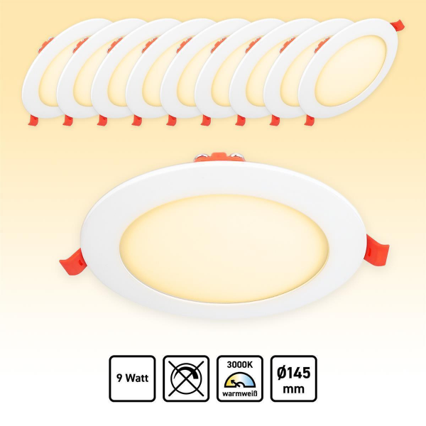 10x LED Panel Rund Einbaustrahler 9W Einbauspot Warmweiß Ø145mm AC230V weiß