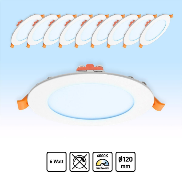 10x LED Panel Rund Einbaustrahler 6W Einbauspot Kaltweiß Ø120mm AC230V weiß