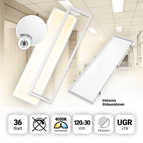 LED Panel 120x30 Neutralweiß 4000K 36W UGR<19 PLs3.0 mit Einbaurahmen