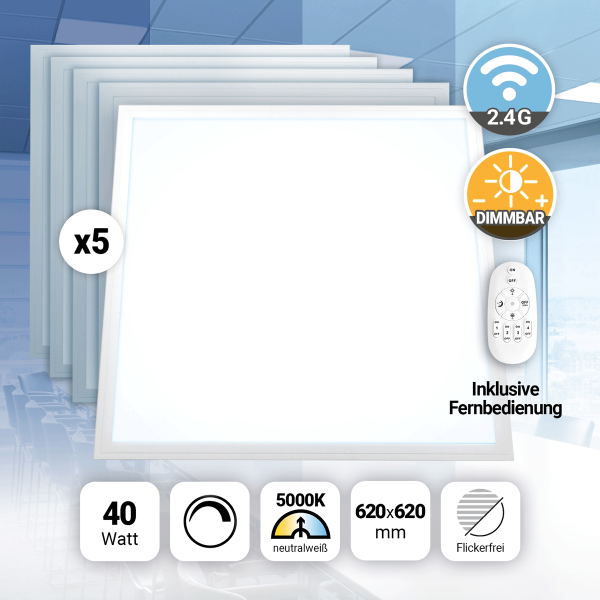5x LED Panel 62x62 Neutralweiß 5000K 40W dimmbar Fernbedienung Slim Alu PLe2.2