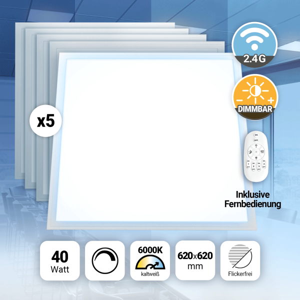 5x LED Panel 62x62 Tageslichtweiß 6000K 40W dimmbar Fernbedienung Slim Alu PLe2.2