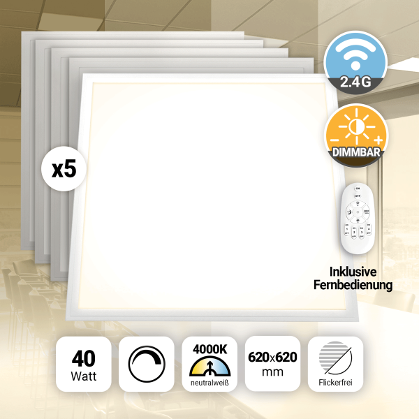 5x LED Panel 62x62 Neutralweiß 4000K 40W dimmbar Fernbedienung Slim Alu PLe2.2
