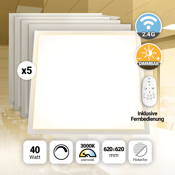 5x LED Panel 62x62 Warmweiß 3000K 40W dimmbar Fernbedienung PLe2.2