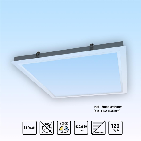 AKTION! LED Panel 62x62 Tageslichtweiß 6000K 36W Steck Einbaurahmen PLs3.0