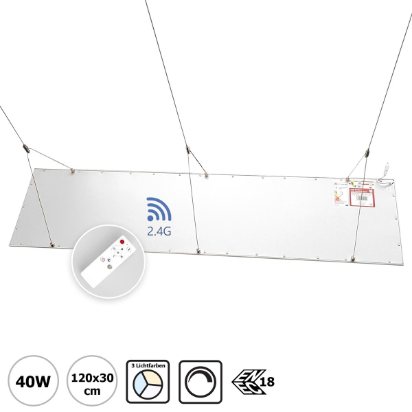 LED Panel 120x30 3CCT 3000K-4000K-6000K 40W dimmbar 2,4G mit Fernbedienung mit Drahseil-Aufhängeset PLs3.0