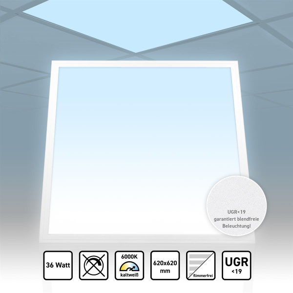 LED Panel 62x62 Tageslichtweiß 6000K 36W UGR<19 blendarm Slim Alu PLs3.0