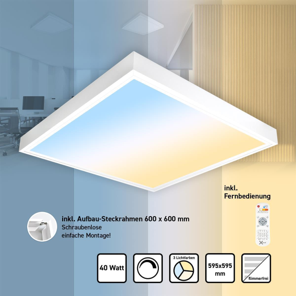 LED Panel 60x60 3CCT 3000K-4000K-6000K 40W dimmbar Aufbaurahmen Fernbedienung Tuya PLs3.0