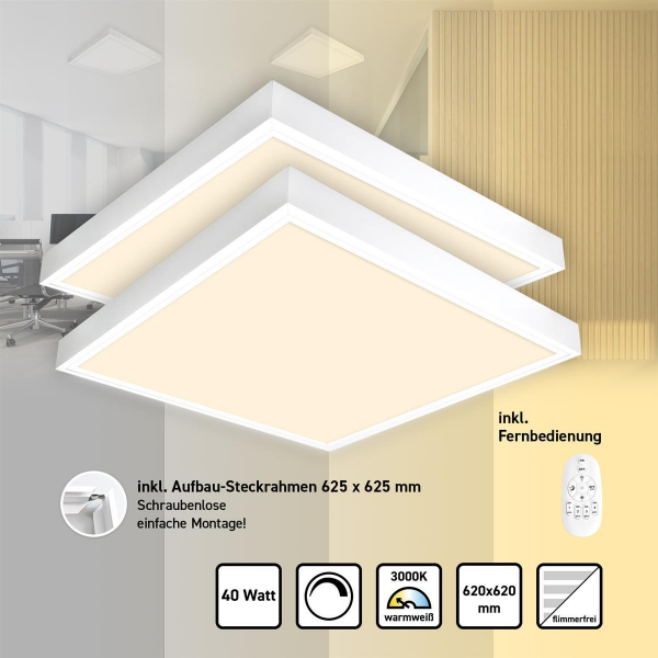 2x LED Panel 62x62 Warmweiß 3000K 40W dimmbar mit Fernbedienung mit Steck-Aufbaurahmen PLe2.2