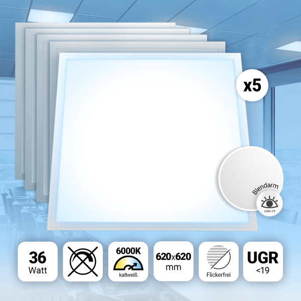 5x LED Panel 62x62 cm Tageslichtweiß 6000K 36W UGR<19 Blendarm Slim Alu