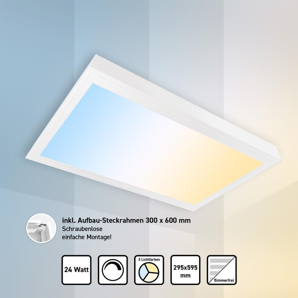 LED Panel 30x60 3CCT 3000K-4000K-6000K dimmbar Steck-Aufbaurahmen 24W TRIAC PLs3.0