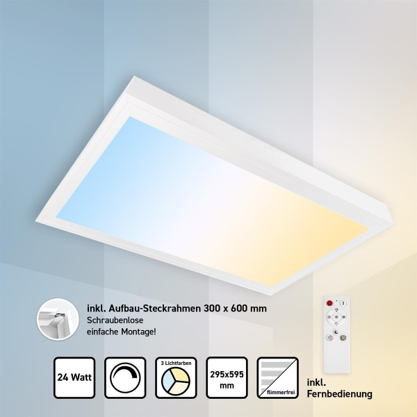 LED Panel 30x60cm 3CCT 3000K-4000K-6000K 24W dimmbar 2.4G RF Fernbedienung Steck-Aufbaurahmen PLs3.0