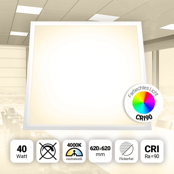 LED Panel 62x62 Neutralweiß 4000K 40W CRI90 Hohe Farbwiedergabe Slim Alu PLs3.0