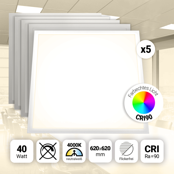 5x LED Panel 62x62 Neutralweiß 4000K 40W CRI90 Hohe Farbwiedergabe PLs3.0