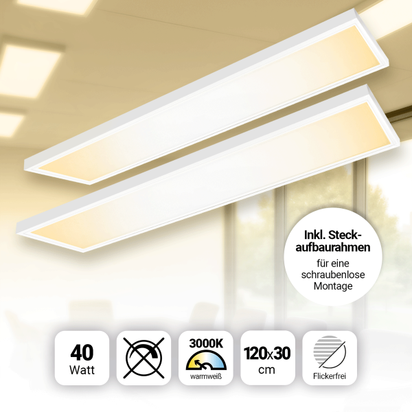 AKTION! 2x LED Panel 120x30cm Warmweiß 3000K 40W 3400lm Aufbaurahmen PLe2.2