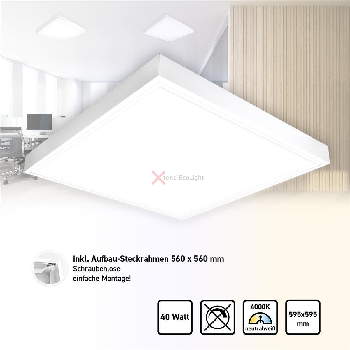 LED Panel 60x60 Neutralweiß 4000K 40W mit Steck-Aufbaurahmen, 44,99