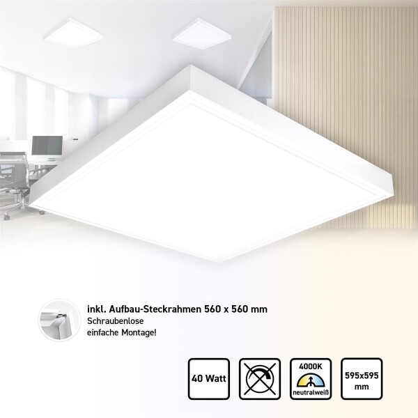 LED Panel 60x60 Neutralweiß 4000K 40W mit Steck-Aufbaurahmen PLe2.2