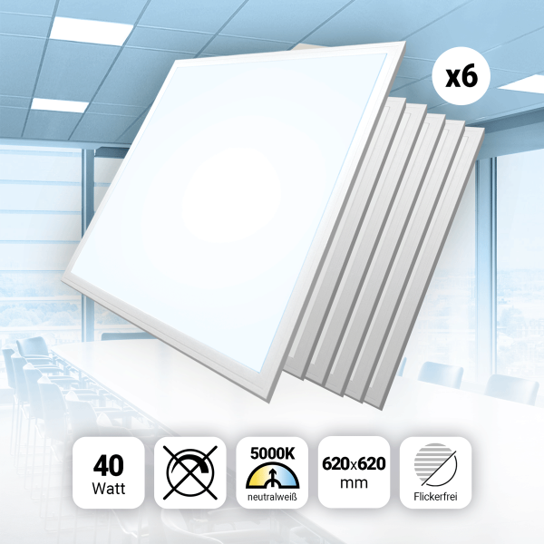 6x LED Panel 62x62 Neutralweiß 5000K 40W PLe2.2
