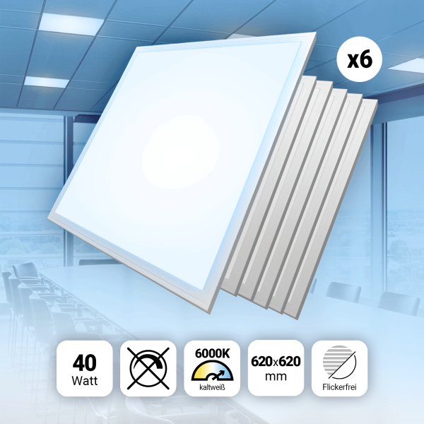 6x LED Panel 62x62 Tageslichtweiß 6000K 40W PLe2.2