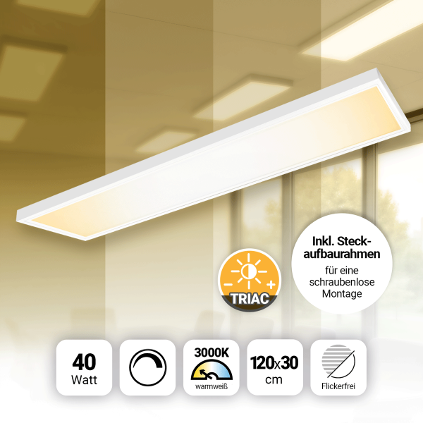 LED Panel 120x30 Warmweiß 3000K 40W dimmbar Triac Steck-Aufbaurahmen PLe2.2