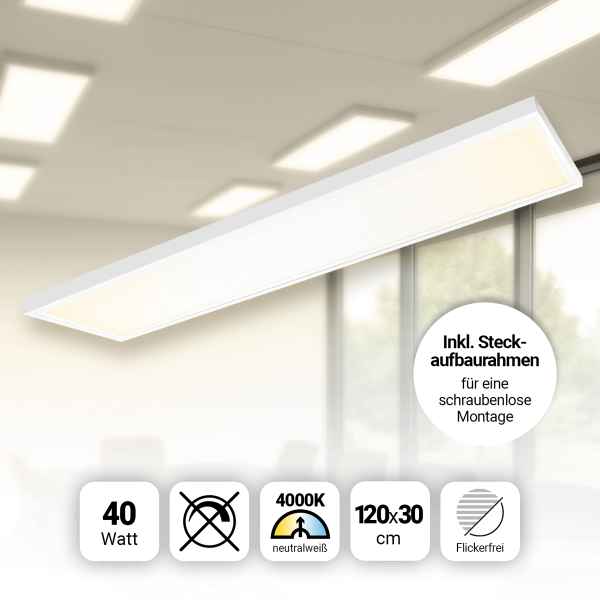 LED Panel 120x30 Neutralweiß 4000K 40W Steck-Aufbaurahmen PLe2.2