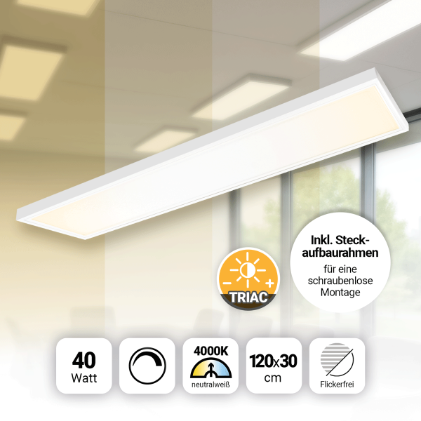 LED Panel 120x30 Neutralweiß 4000K 40W dimmbar Triac Steck-Aufbaurahmen PLe2.2