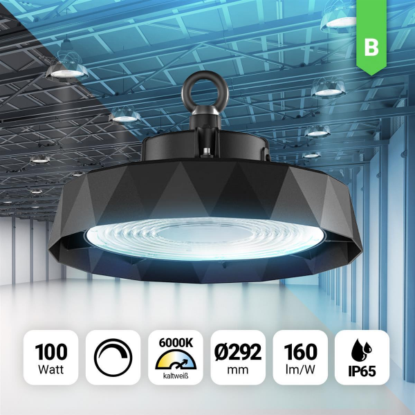 LED Hallenstrahler High Bay 100W Kaltweiß 6000k dimmbar IP65 90° Abstrahlwinkel 160lm HBe 2.0 Eco